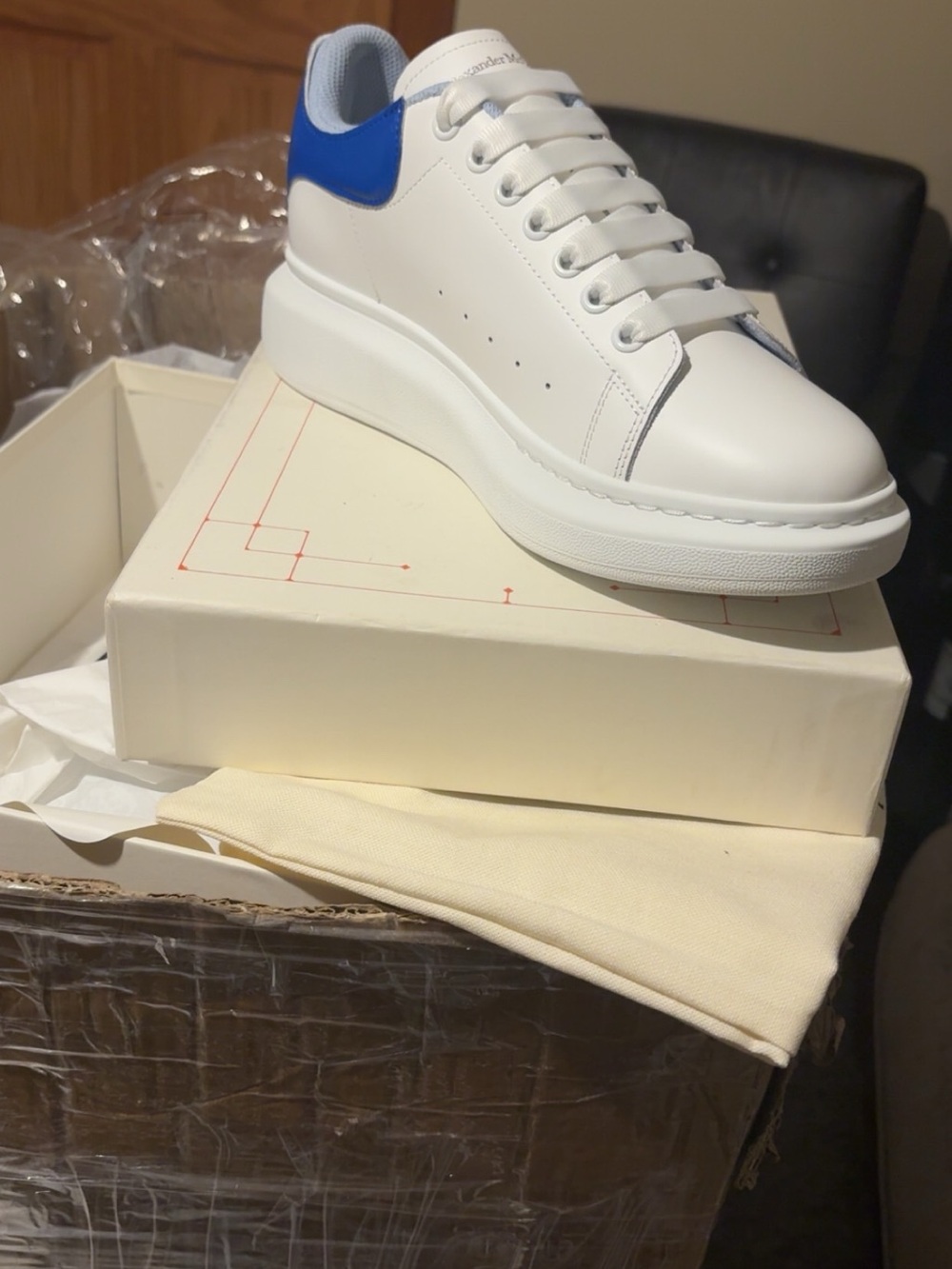 Alexander McQueen White Leather Sneaker with Blue Heel Tab